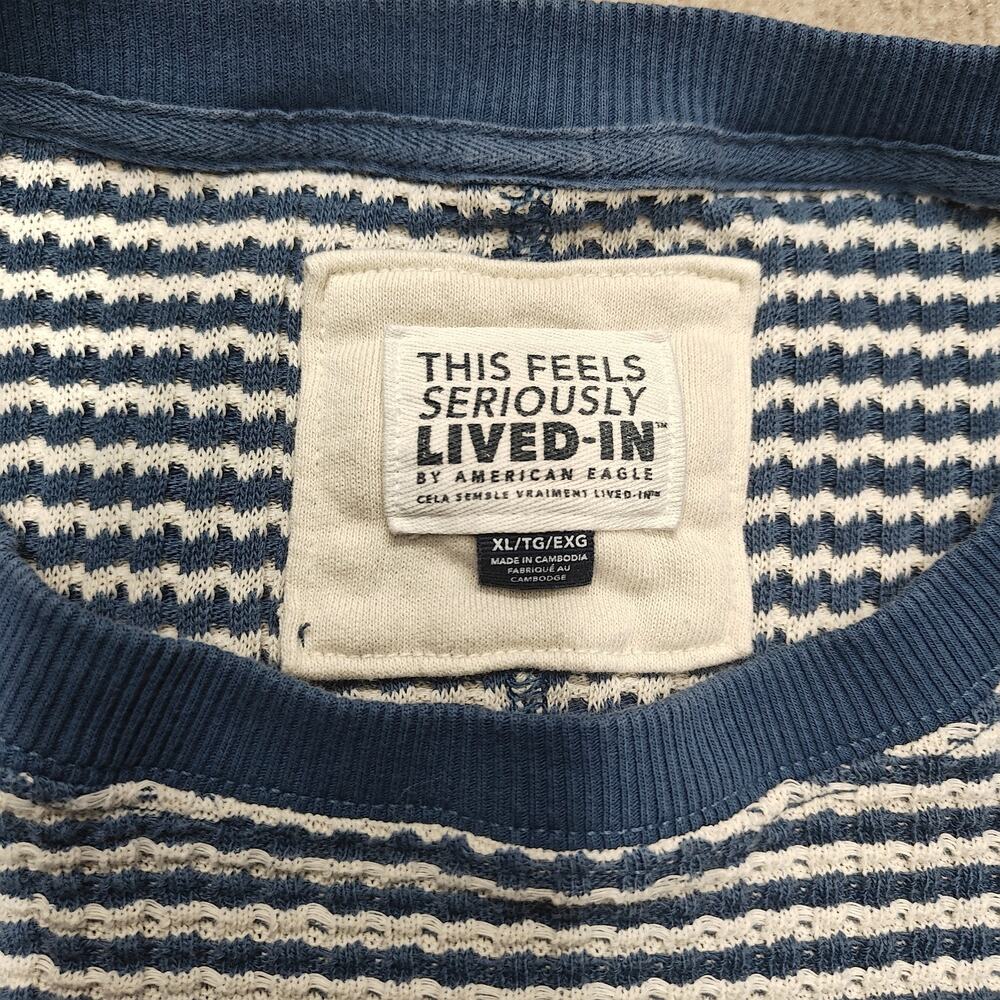 American Eagle Big Hug Notch Neck Waffle Sweatshirt Size XL White Blue Stripe - Picture 3 of 5